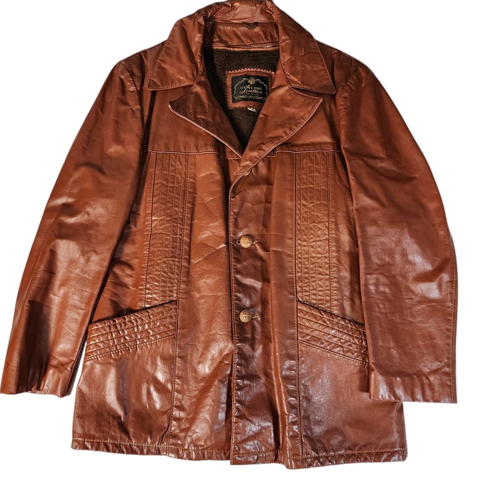 Vintage Genuine Leather Blazer Jacket Men's 42 Brown‎ Faux Fur Lined Made in USA